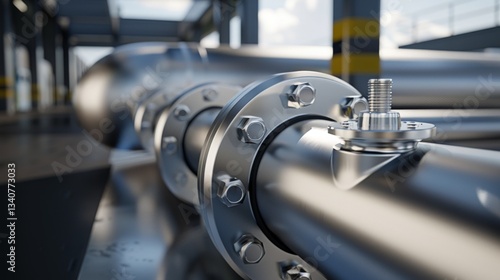 Section of a large industrial pipe network with flanged connections and reinforced bolts. Ultra-clear material textures and sharp mechanical elements. photo