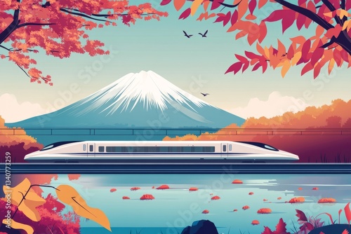 flat vector shinkansen passing by the nature in Japan on autumn