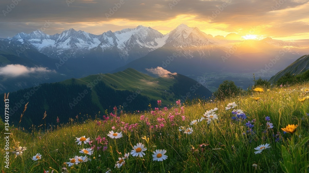 Fototapeta premium Idyllic alpine meadow with wildflowers and snow-capped peaks at golden hour