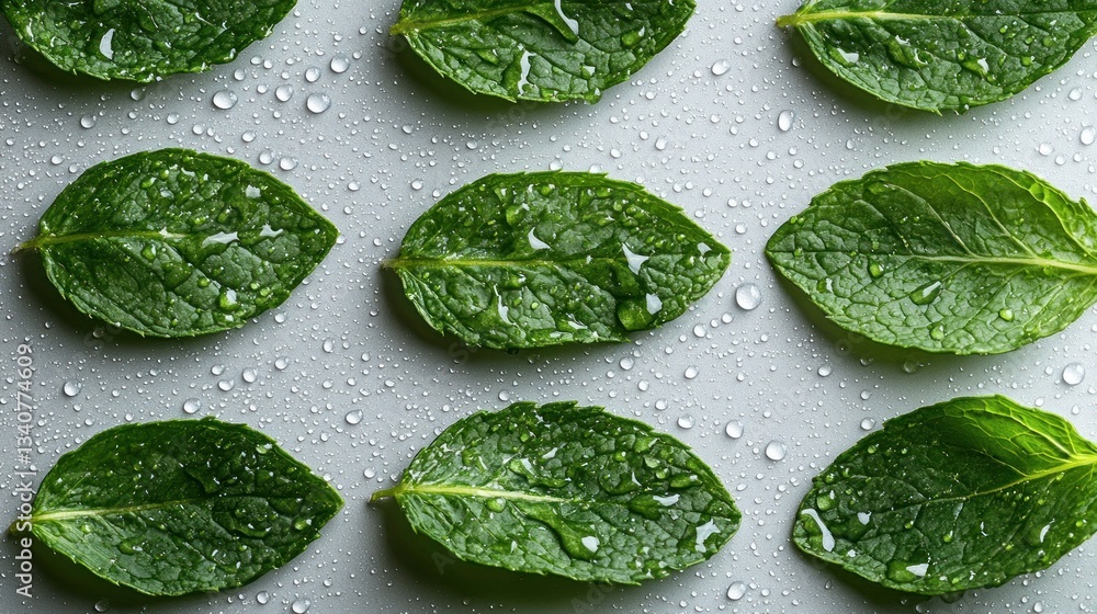 Obraz premium Fresh mint leaves with water droplets on a gray surface