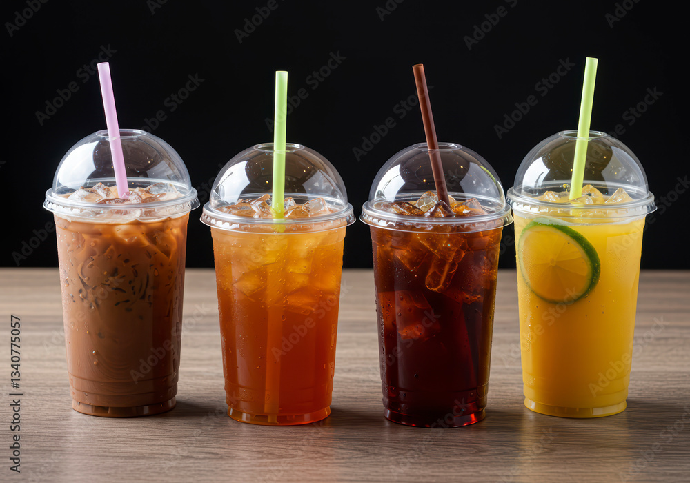 Colorful iced coffee, tea, and juice in transparent cups, perfect for refreshing takeaway beverage themes. Colorful iced coffee, tea, and juice in transparent cups, perfect for refreshing takeaway beverage themes.