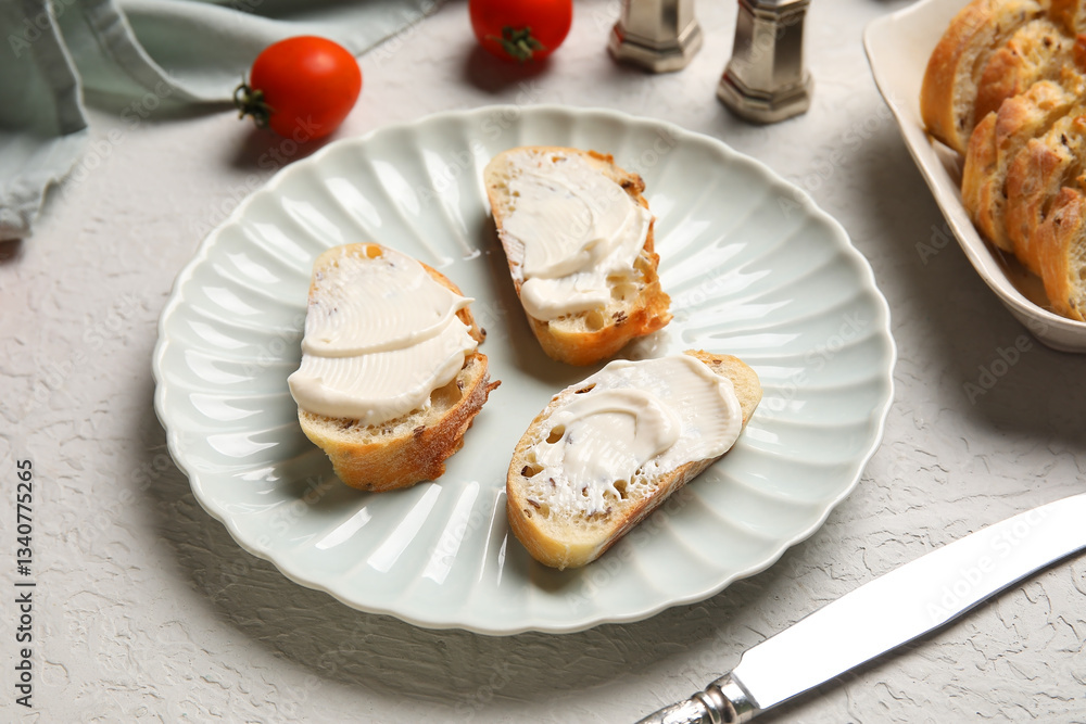 Plate of tasty bruschetta with processed cheese and fresh tomatoes on white background Plate of tasty bruschetta with processed cheese and fresh tomatoes on white background