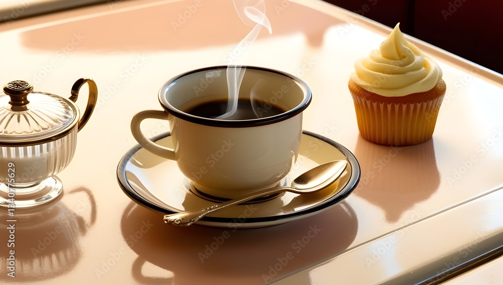 nostalgic retro postcard with coffee, sugar bowl, and cupcake for use in retro-themed marketing or nostalgic campaigns nostalgic retro postcard with coffee, sugar bowl, and cupcake for use in retro-themed marketing or nostalgic campaigns
