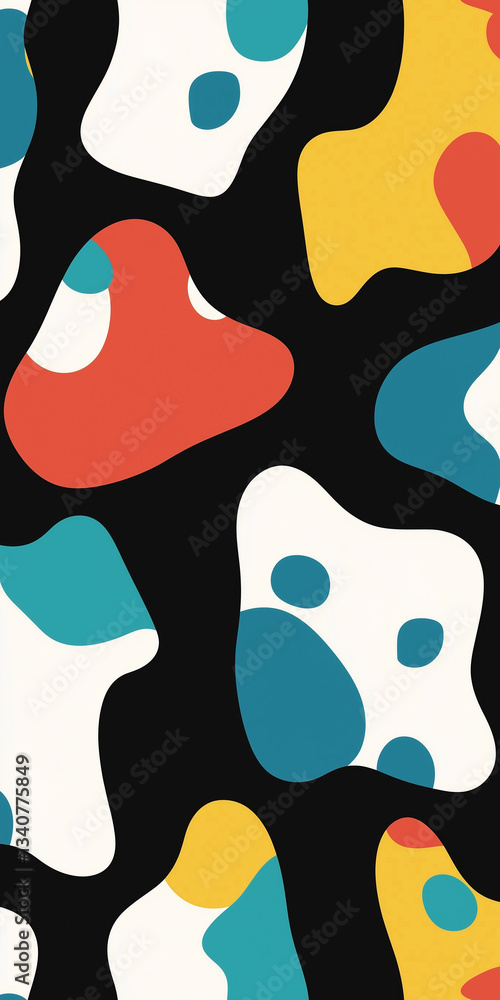 Fototapeta premium This design features organic, fluid shapes in vibrant colors against a contrasting black background, creating a playful and modern visual appeal.