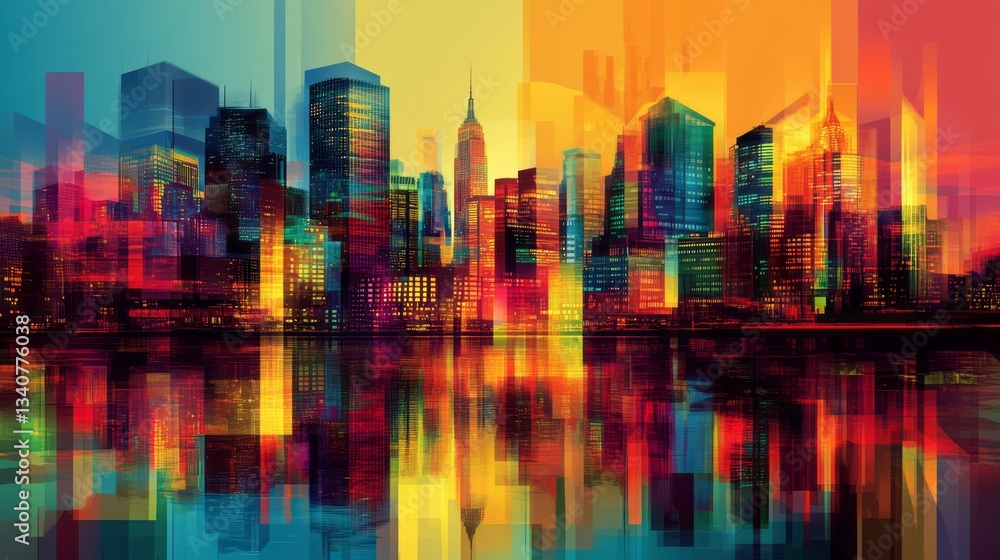Obraz premium Colorful city skyline with reflection creates an urban abstract