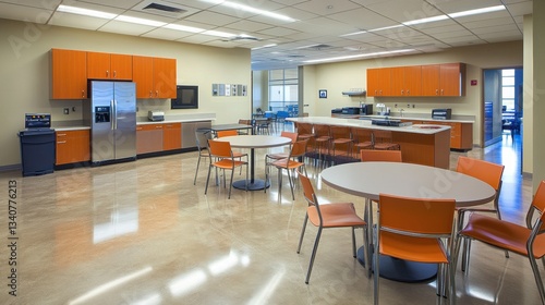 A spacious office breakroom with a fully equipped kitchen, communal dining tables, and a coffee bar