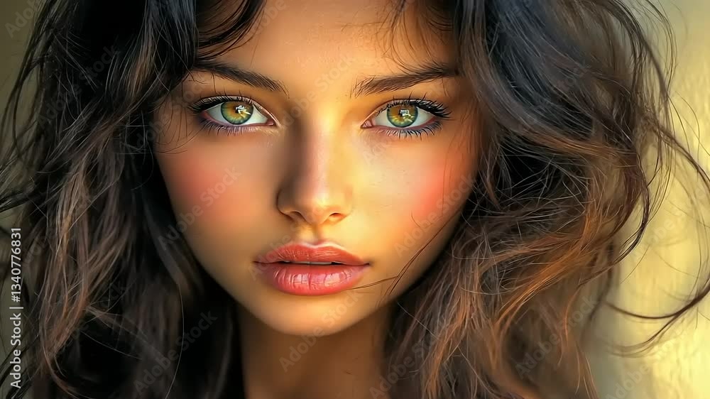 Portrait of a young woman with captivating green eyes and wavy hair, softly lit background Portrait of a young woman with captivating green eyes and wavy hair, softly lit background