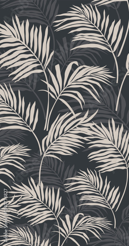 Dark wallpaper with pattern of light colored palm leaves. Jungle vibe, creates a tropical or jungle, vertical view, flat lines vector and illustration.