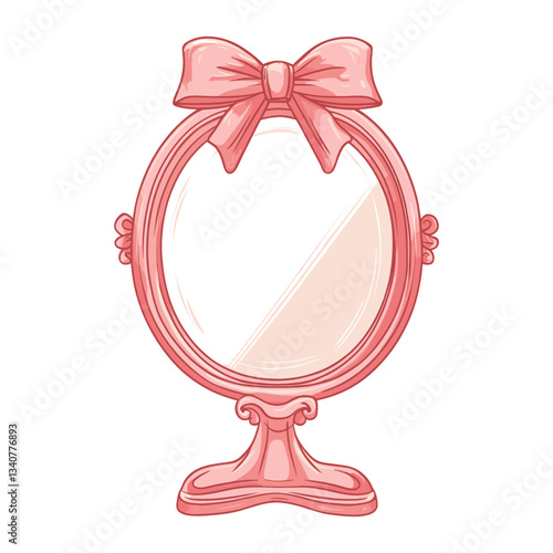 A vintage oval shape table mirror with a pink bow decoration on top of the frame illustration style photography vector