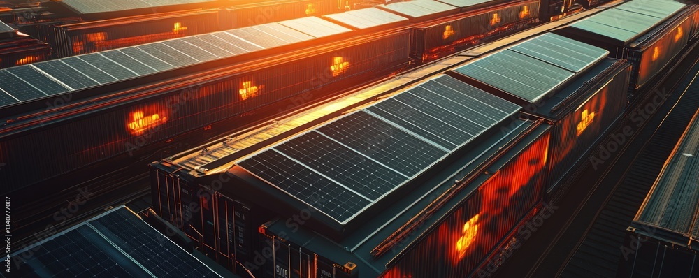 Obraz premium Solar-powered freight train, featuring solar panels mounted on cargo containers, boosting sustainability and energy savings in transport