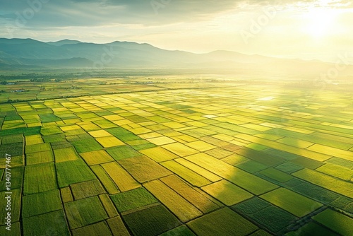 Aerial view of rice fields in the morning light, with mountains and sun rays. The colors are a vibrant yellow-green, creating a beautiful landscape. 