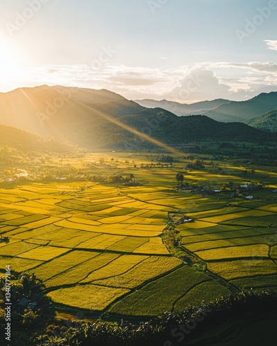 Aerial view of rice fields in the morning light, with mountains and sun rays. The colors are a vibrant yellow-green, creating a beautiful landscape. 