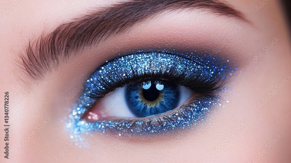 Obraz premium Close-up of a sparkling blue eye makeup design.