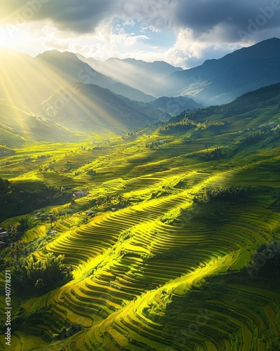 Aerial view of rice fields in the morning light, with mountains and sun rays. The colors are a vibrant yellow-green, creating a beautiful landscape. 