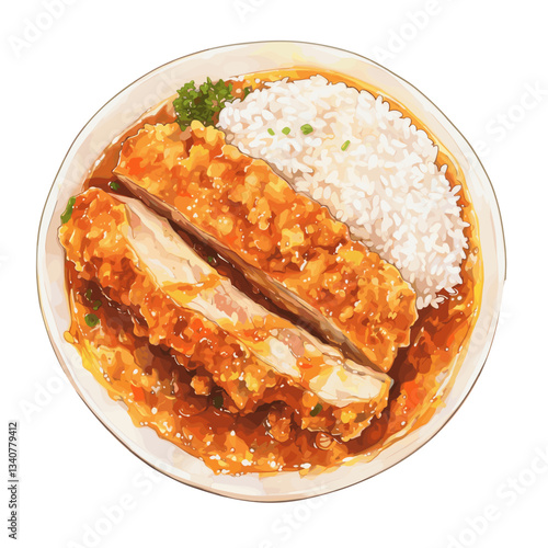 Deep fried pork with curry and rice curry on plate illustration food meal vector