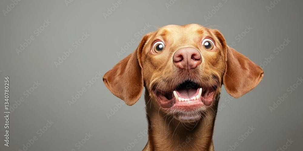 Playful dog displaying happiness with a big smile on a gray background, showcasing its lively personality and charm Playful dog displaying happiness with a big smile on a gray background, showcasing its lively personality and charm