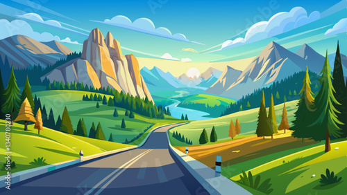 Road in mountain valley at sunny morning in Dolomites, Italy. Scene with asphalt roadway, meadows with green grass, mountains, blue sky with clouds and sun. Highway in fields. Trip in europe