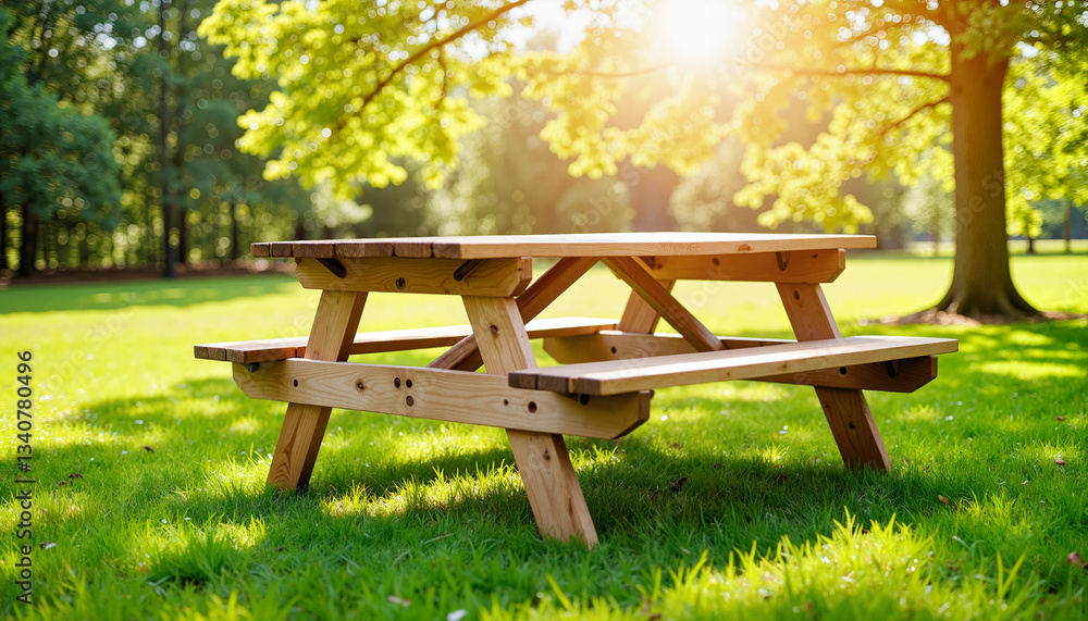 Naklejka premium Sturdy wooden picnic table in vibrant park, outdoor relaxation