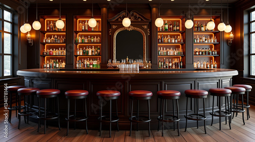 inviting bar with a sleek curved counter, beautifully illuminated shelves filled with spirits, and high stools ready to welcome patrons for a sophisticated experience.