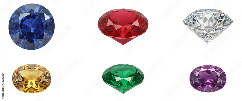 A collection of six colorful gems arranged on a white surface view transparent background A collection of six colorful gems arranged on a white surface view transparent background