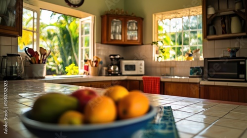 A stylish kitchen island with free appliances offered in a real estate listing