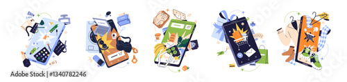 Concept set of online shopping. Buyers make purchases on sale by mobile phone app. Customers buy goods, products, order delivery by smartphone. Flat isolated vector illustrations on white background