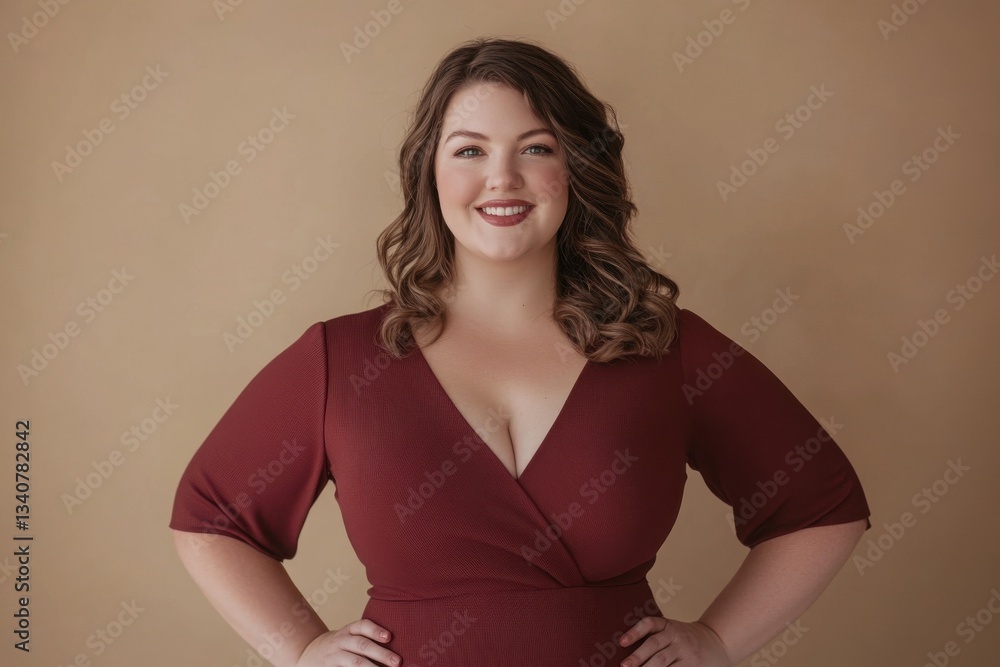 Obraz premium A plus size woman with wavy brown hair wearing a burgundy dress standing against a warm beige background smiling with confidence