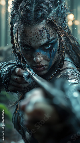 Wallpaper Mural Female Viking Archer Crouching in Misty Pine Forest with Fox Armor and Bear-Claw Necklace
 Torontodigital.ca