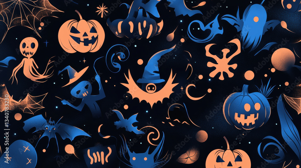 Spooky Halloween themed background featuring various illustrations like pumpkins, ghosts, bats, and whimsical creatures. vibrant colors create festive atmosphere perfect for celebrations Spooky Halloween themed background featuring various illustrations like pumpkins, ghosts, bats, and whimsical creatures. vibrant colors create festive atmosphere perfect for celebrations