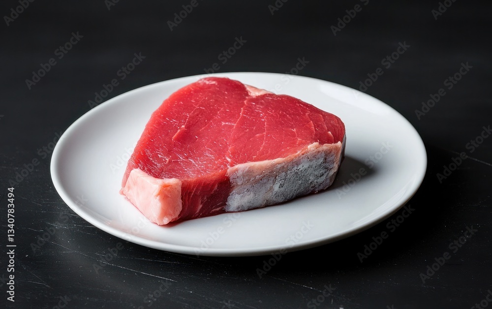 Raw Red Meat on White Plate Against Dark Background Raw Red Meat on White Plate Against Dark Background