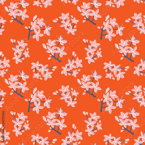 Tropical inspired frangipani floral pattern in red background. Abstract vibrant repeat design background for fabrics, fashion, wallpaper, wrapping print etc. 