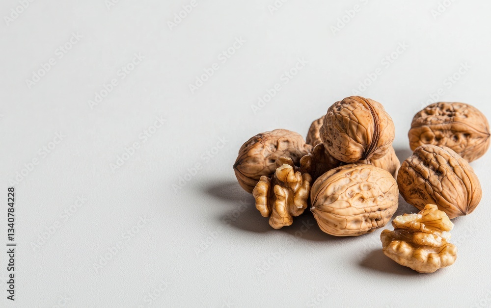 Walnuts in Shell and Cracked Walnut on Gray Background