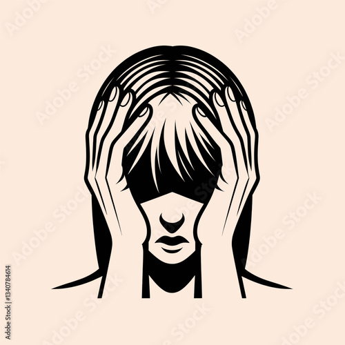 A black-and-white illustration of a distressed woman with her hands covering her face, conveying anxiety, depression, or emotional struggle.