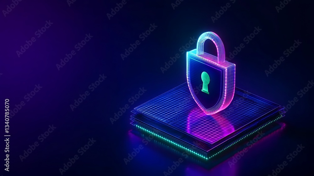 Digital Lock with Neon Glow Representing Cybersecurity and Data Protection in a Modern Context Digital Lock with Neon Glow Representing Cybersecurity and Data Protection in a Modern Context