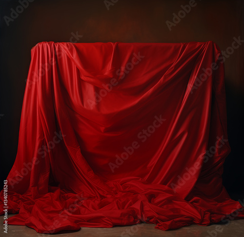 Red curtain draped over a mysterious box. A luxurious red silk curtain is draped elegantly over a wooden box on a black background. This image evokes a sense of anticipation and unveiling mystery