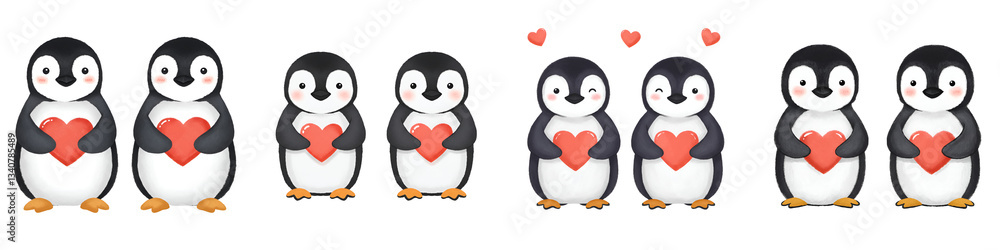 Fototapeta premium Adorable Penguins Holding Hearts