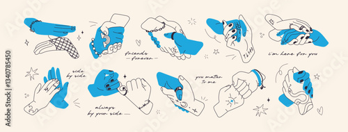 Contour set of two hands are holding, touching, shaking together, giving high five. Outline concept of support, friendship and partnership. Flat isolated vector illustrations on white background