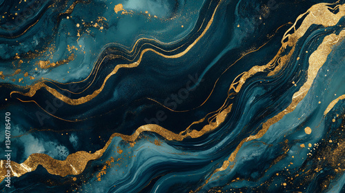 Luxurious dark teal and gold abstract marbled texture with elegant swirling lines and shimmering golden details.