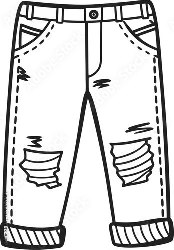 Black and white illustration of ripped jeans with patches and rolled cuffs