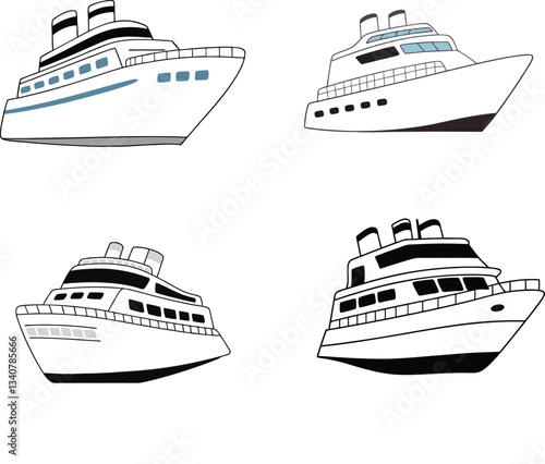 Set of Ship outline illustration digital coloring book page line art drawing, Cartoon cruise ships, simple line drawings, black and white sketches, multiple angles stylized ocean liners