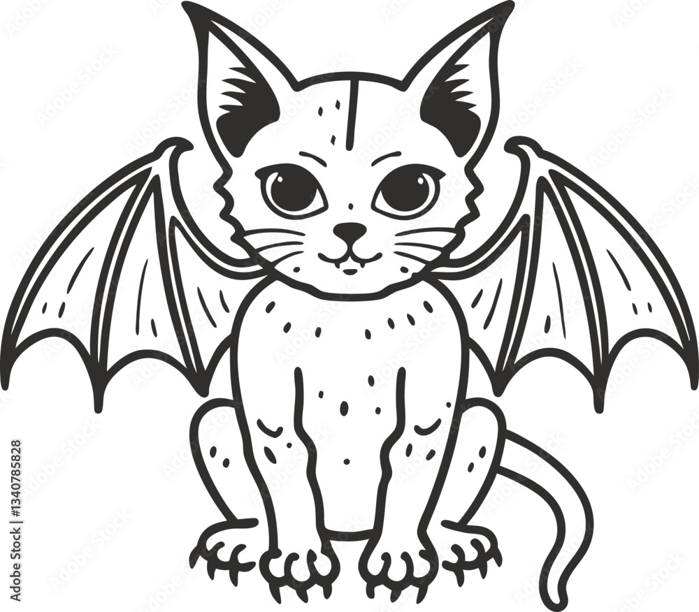 Obraz premium Kawaii demon cat with bat wings cute mythical creature line art illustration