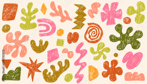 Funky abstract geometric shapes and figures. Boho shapes drawn by crayon. Doodle modern figures, squiggle and other primitive elements pencil texture. Contemporary native swiss design aesthetic.
