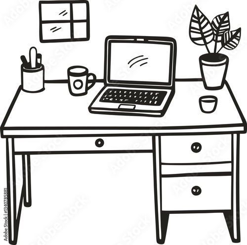 home office desk illustration with laptop, coffee, plant, and stationery in minimalist design