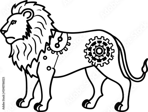 Mechanical lion illustration with gears and mechanical elements
