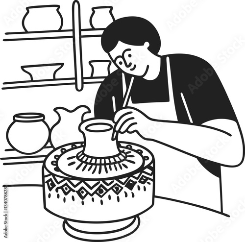 Artisan crafting pottery on wheel skilled ceramic artist carving intricate patterns in clay pot
