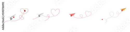 Romantic Paper Airplane, Heart Trail Illustration, Love Symbol Graphic, Valentine Concept Icon, Cute Origami Plane