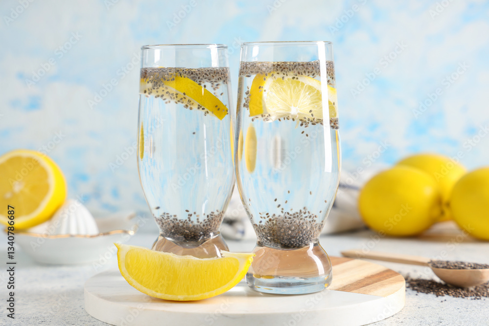 Glasses of lemon water with chia seeds on grunge table, closeup Glasses of lemon water with chia seeds on grunge table, closeup