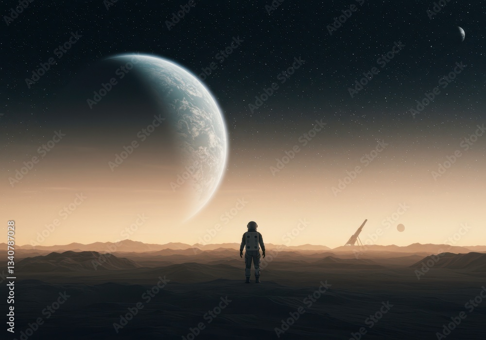 Fototapeta premium Man stands on another planet looking towards Earth. Space exploration concept for banner, poster or template. Extraterrestrial cosmic landscape inspiration.