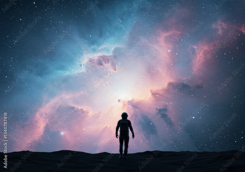 Fototapeta premium Astronaut contemplates a colorful nebula on an alien planet for space exploration and otherworldly wonder, perfect for science fiction and cosmos themes