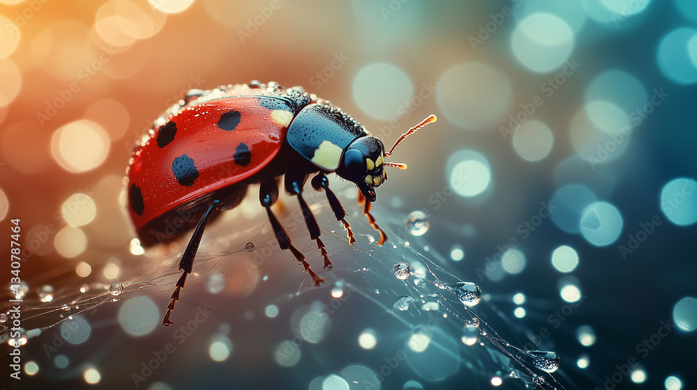 Naklejka premium Ladybug on Dewy Spider Web with Water Droplets